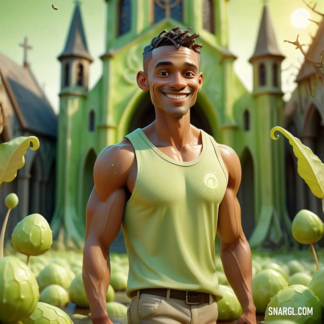 NCS S 0550-G30Y color example: Man standing in front of a green castle with lots of fruit around him