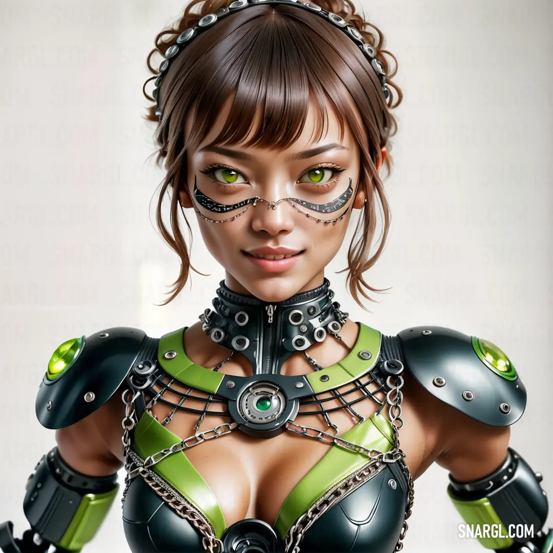 Woman with green eyes and a green bra top on her chest and a chain around her neck. Example of CMYK 40,0,60,0 color.
