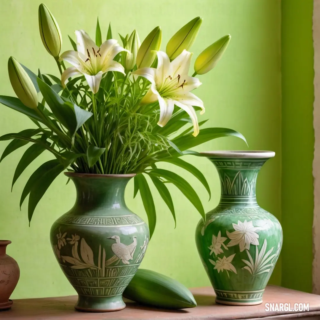 Vase with flowers in it on a table next to another vase. Example of #BDE785 color.