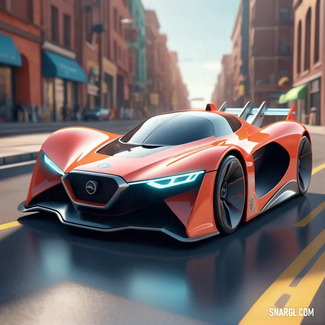 NCS S 0550-R color example: Futuristic car driving down a city street in the daytime time