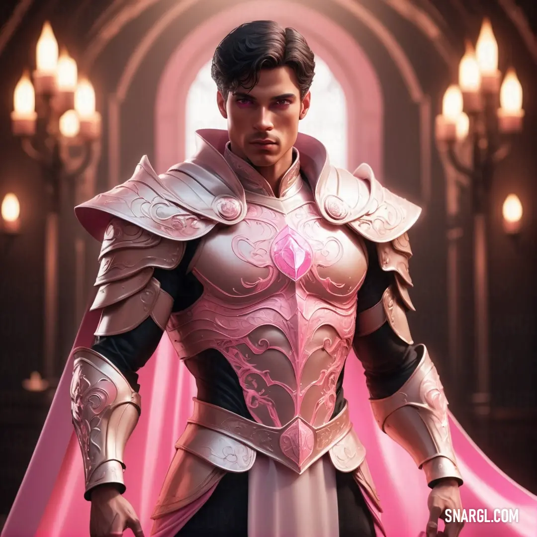 Man in a pink and black outfit with a sword in his hand and a pink cape around his neck. Example of NCS S 0550-R10B color.