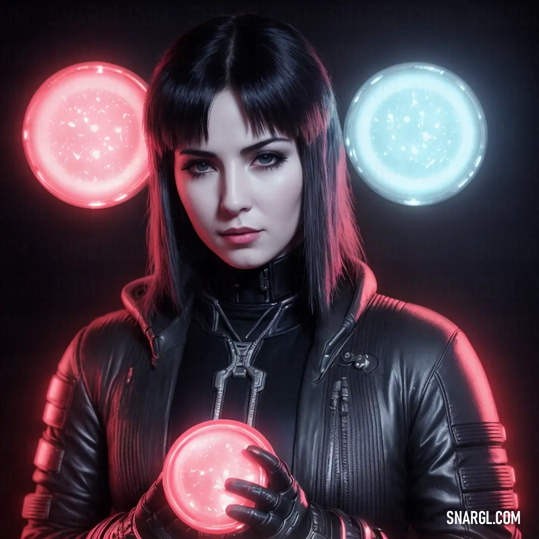 Woman in a leather jacket holding a glowing orb in her hands with glowing orbs behind her on a black background