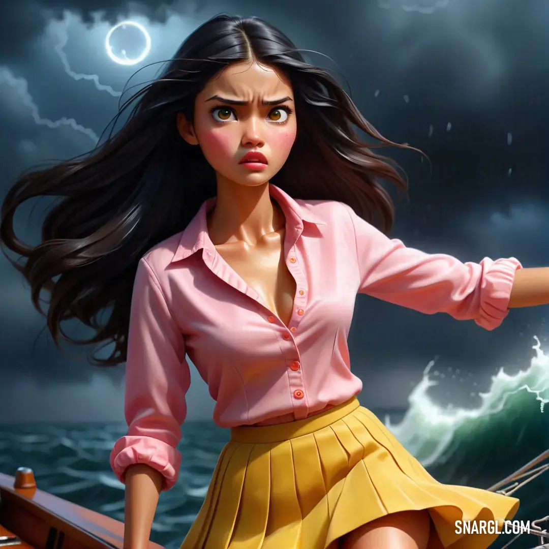 Woman in a pink shirt and yellow skirt on a boat in the ocean with a storm in the background. Color RGB 255,150,164.
