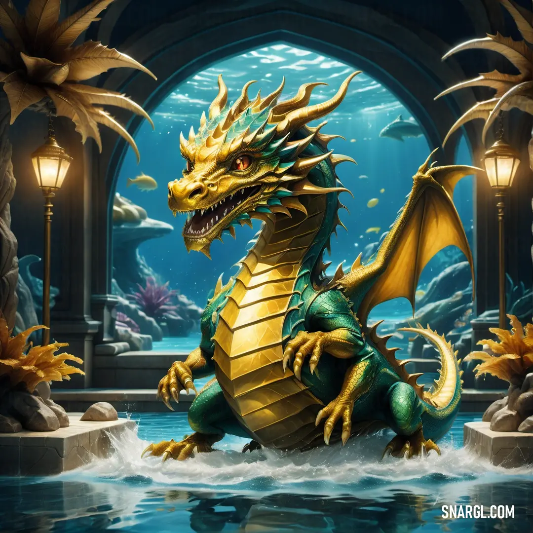 Dragon statue in a pond of water with a lantern in the background. Color CMYK 0,7,80,0.