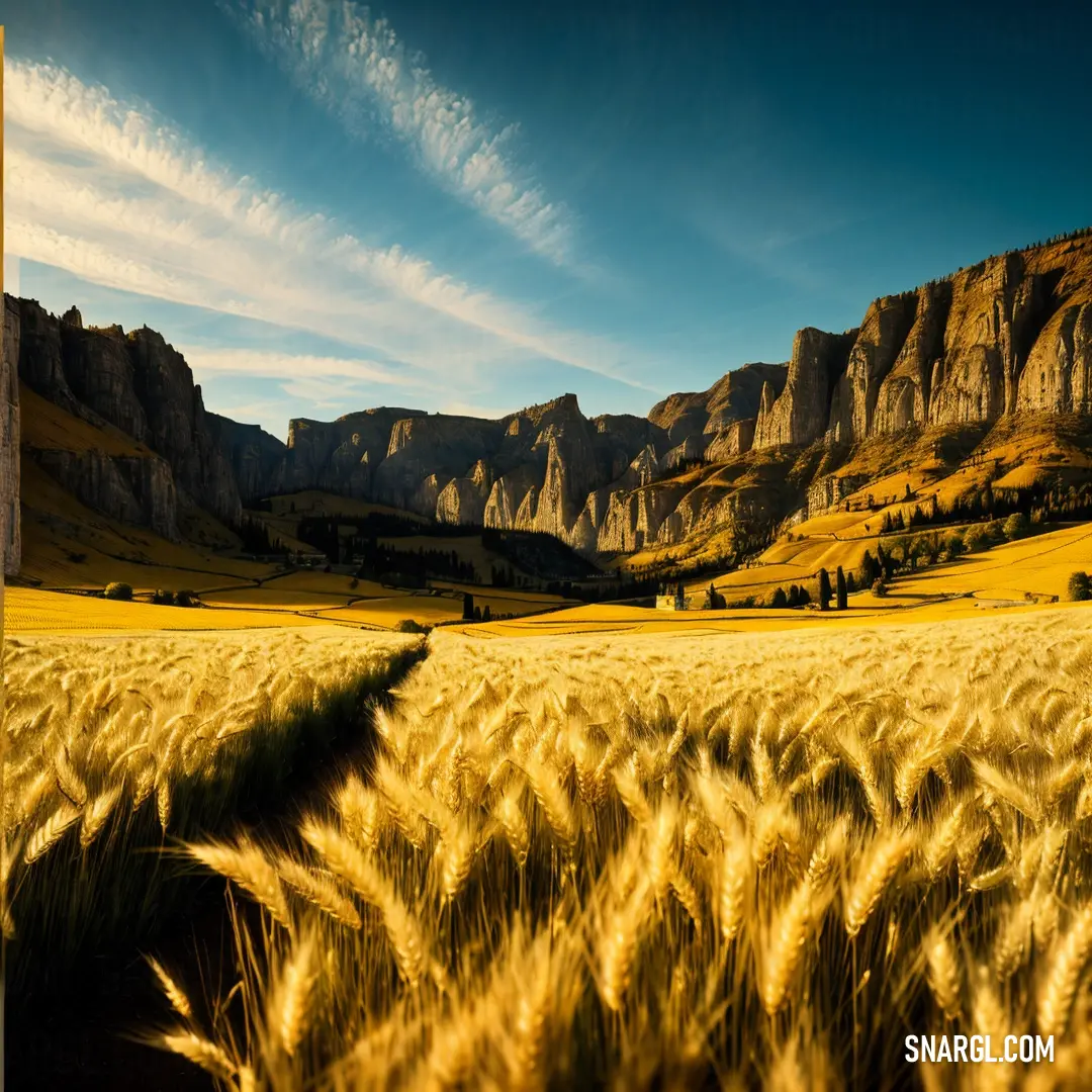 Field of wheat with mountains in the background. Example of CMYK 0,7,80,0 color.