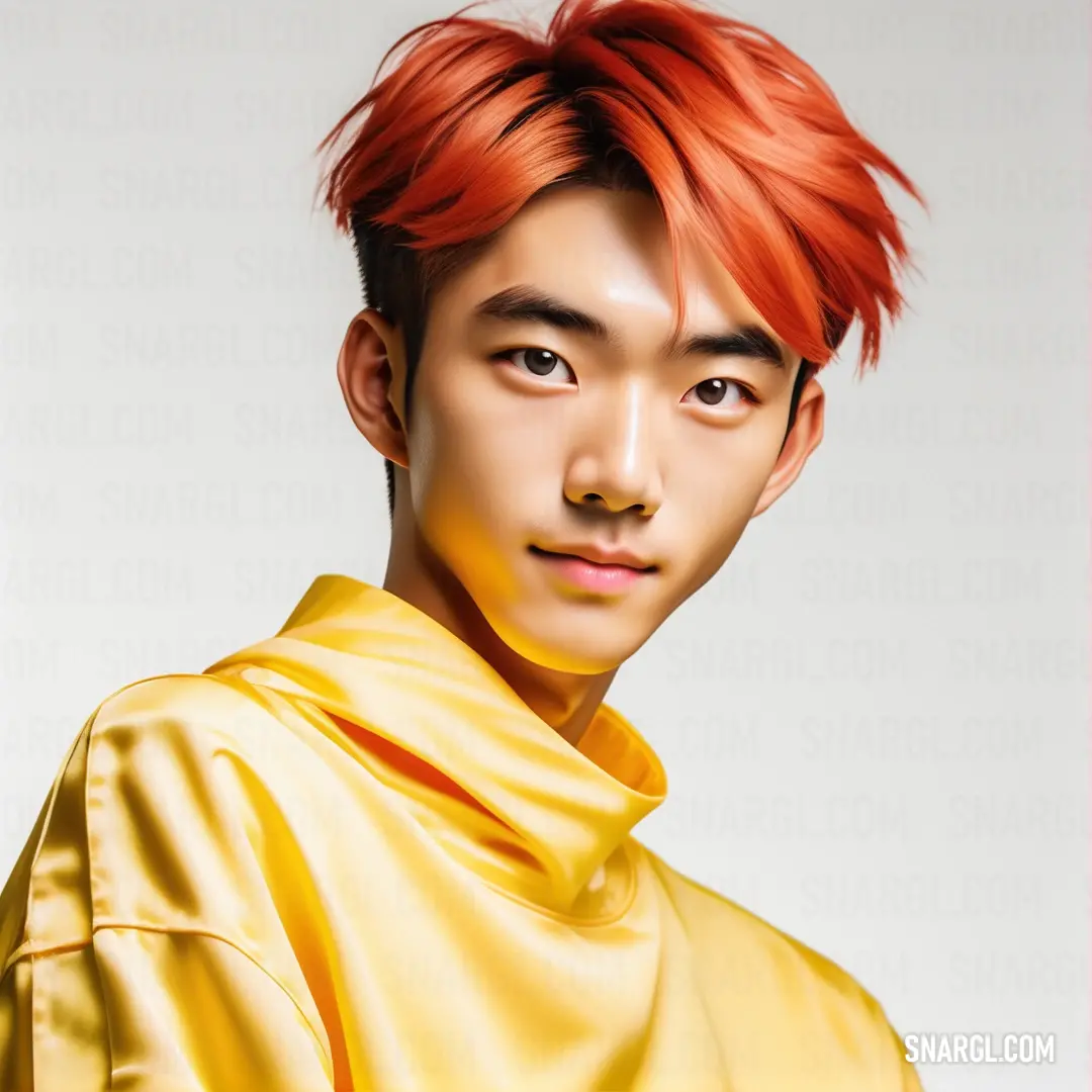 Man with red hair and a yellow shirt on a white background. Example of CMYK 0,7,80,0 color.