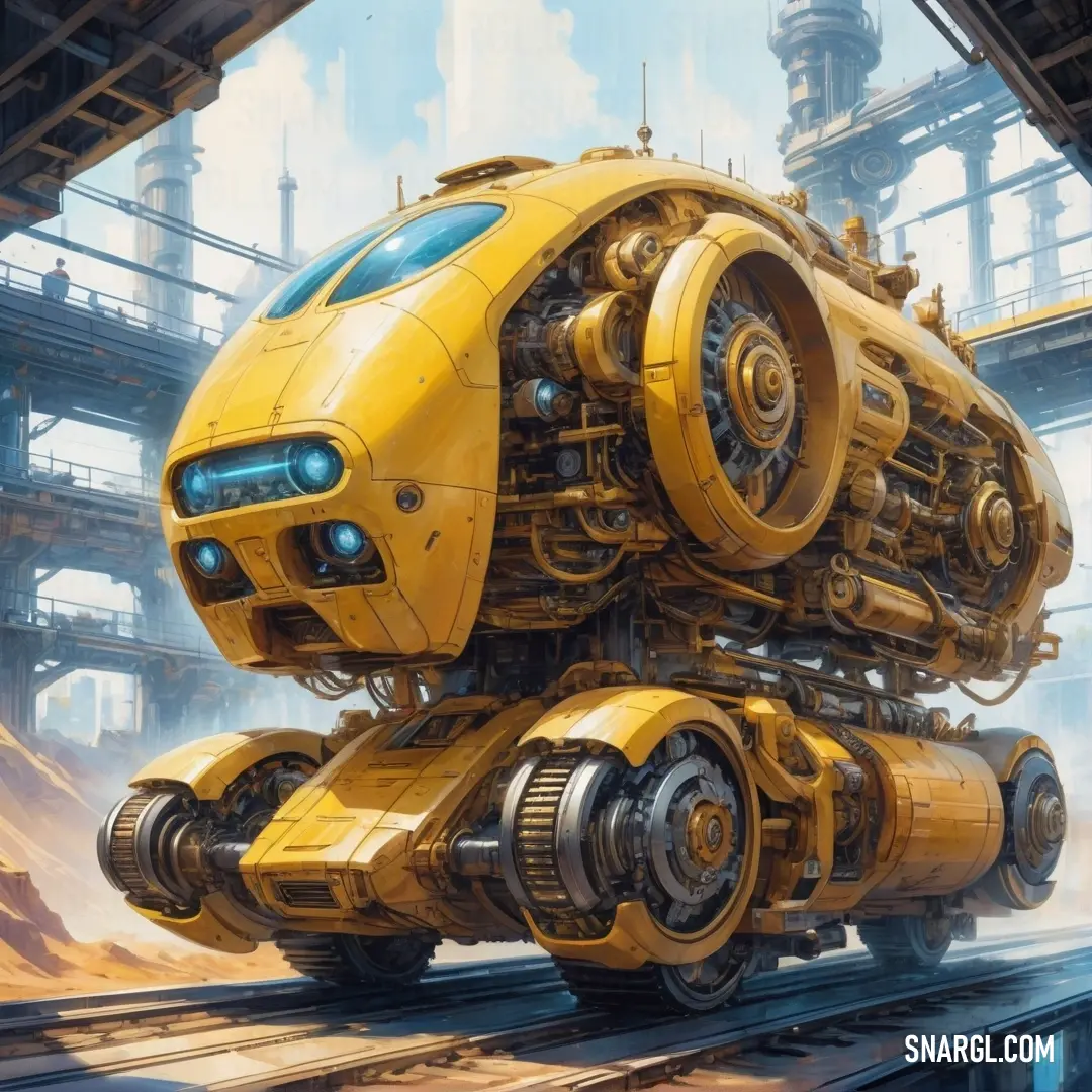 Yellow robot is on a train track in a futuristic city with a large yellow object in the middle of the picture. Color CMYK 0,7,80,0.