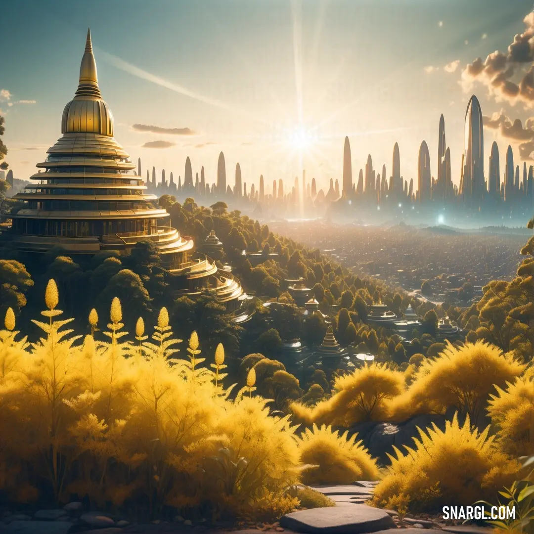 Futuristic city with a golden dome surrounded by trees and bushes and a pathway leading to a park with a yellow grass area