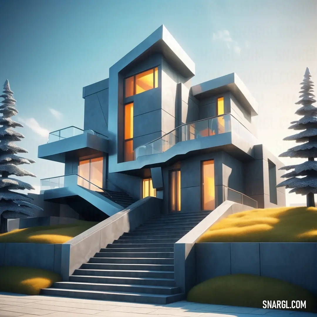 NCS S 0550-Y10R color. House with a staircase leading to it and trees in the background
