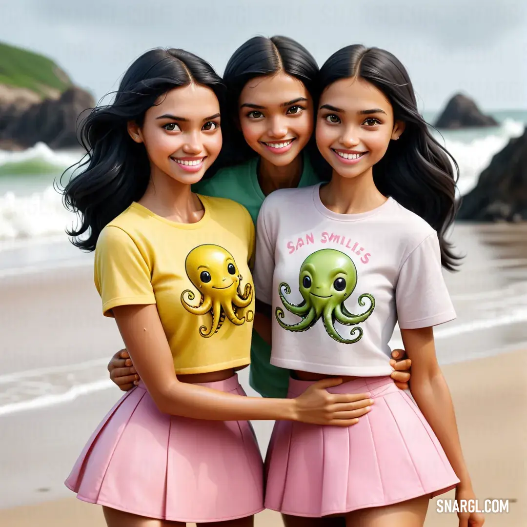 Two girls standing next to each other on a beach with an ocean in the background. Color CMYK 0,17,72,0.