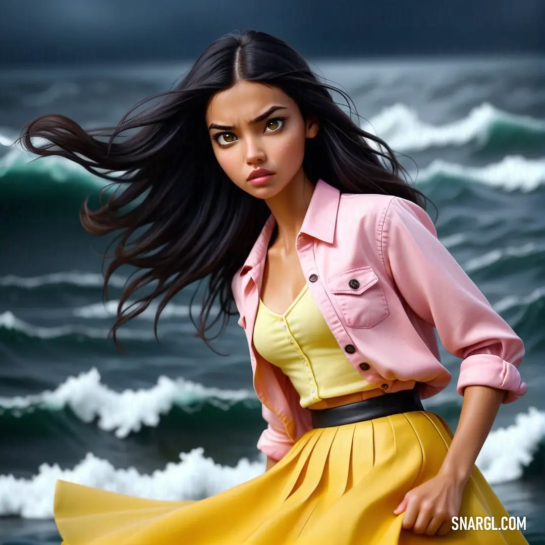 Woman in a yellow dress standing in the water with her hair blowing in the wind and a pink shirt on. Example of NCS S 0550-Y10R color.