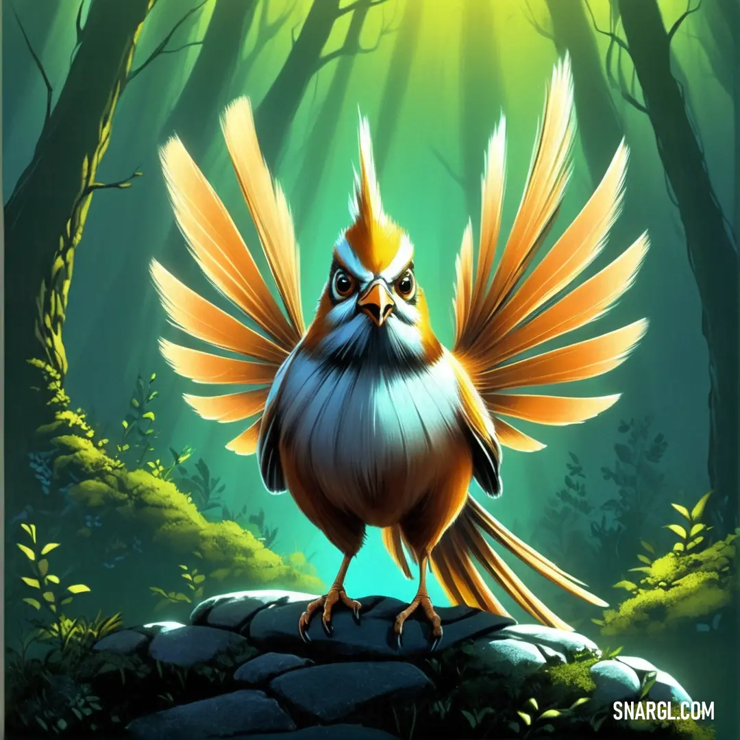 Bird with orange wings standing on a rock in a forest with green trees and rocks and a bright light shining on the ground