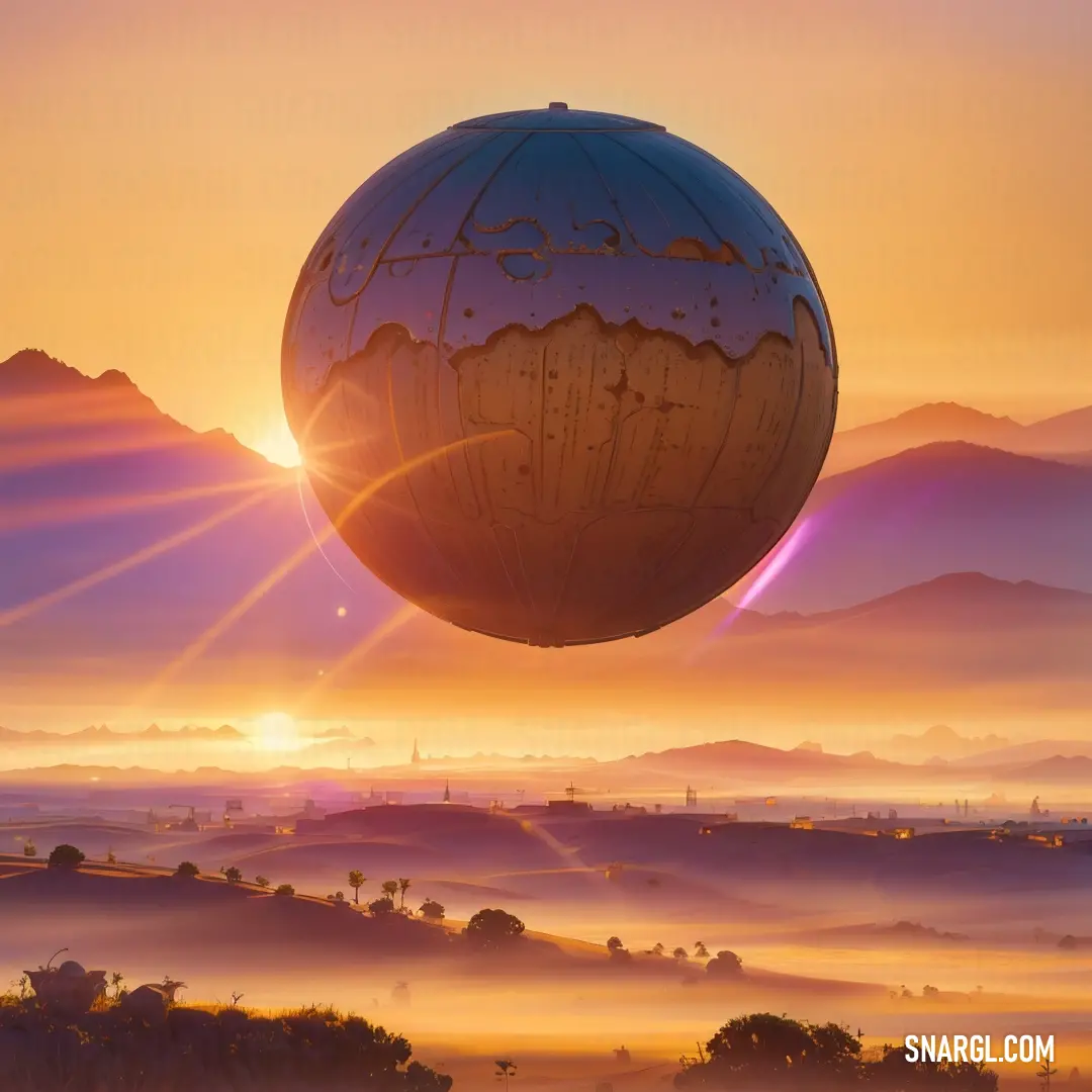 A vibrant hot air balloon floats gracefully over a valley at sunset. The golden hues of the sun reflect off the balloon, casting a warm glow over the sprawling landscape below.
