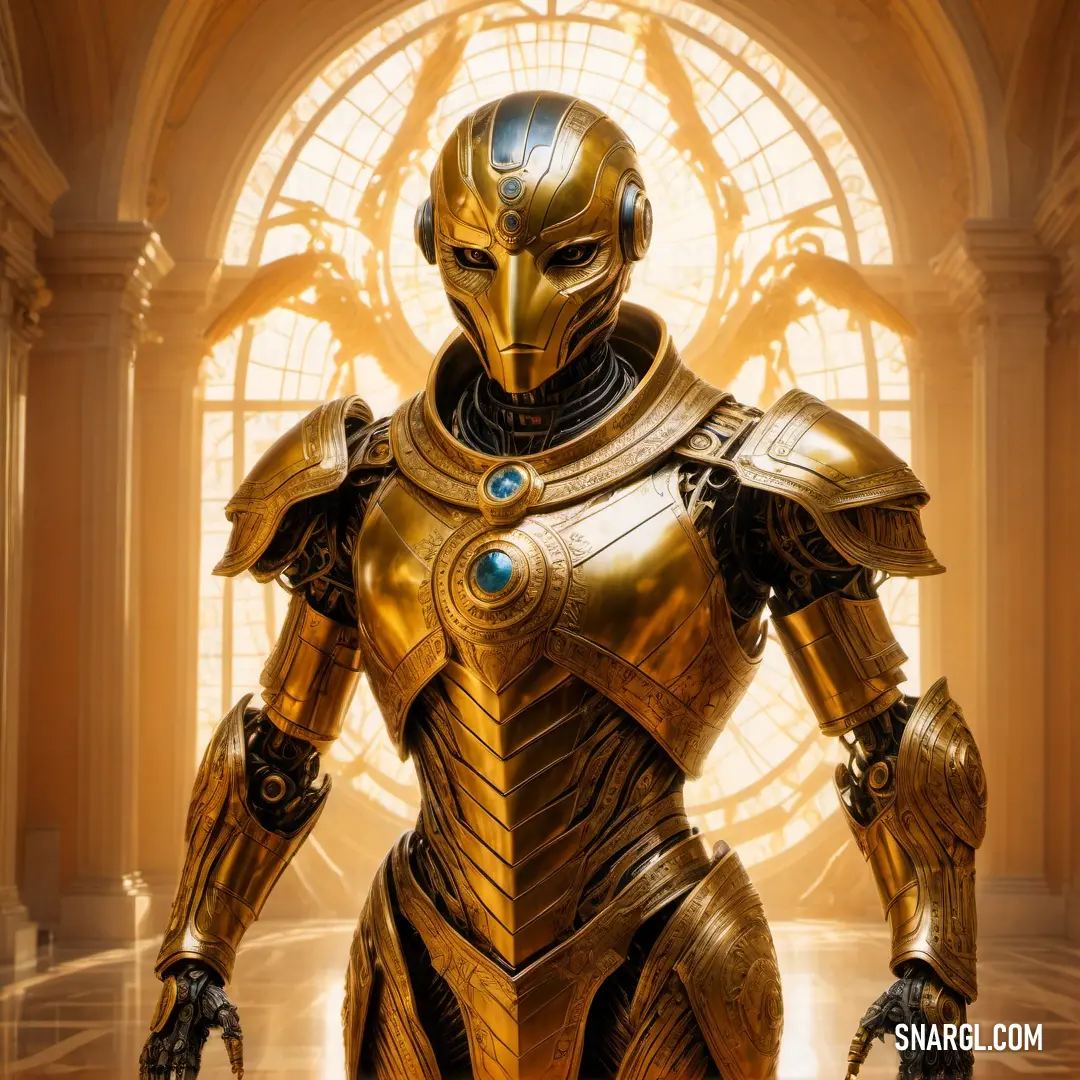 Man in a gold armor standing in front of a window with a clock in the background. Example of CMYK 0,35,80,0 color.