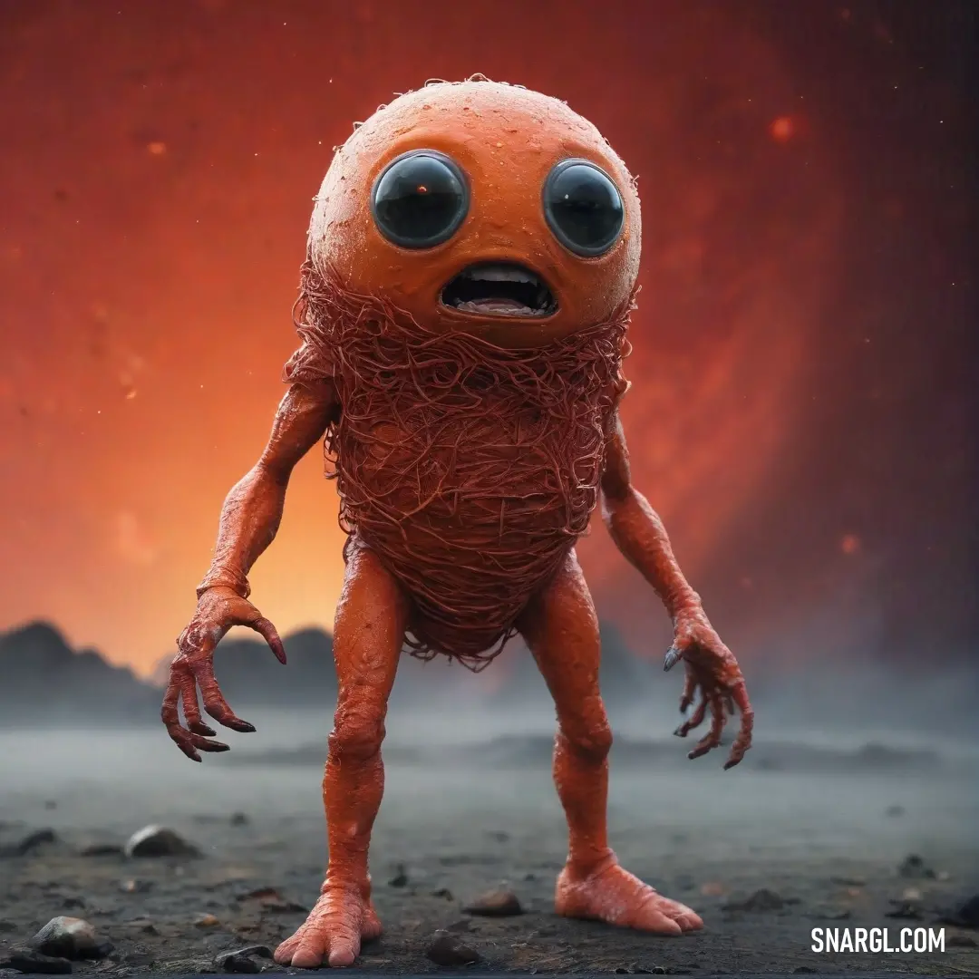 An enigmatic creature with oversized eyes and an unusual form is portrayed in a curious setting, demonstrating the striking contrast of the NCS S 0550-Y20R color with its whimsical allure.