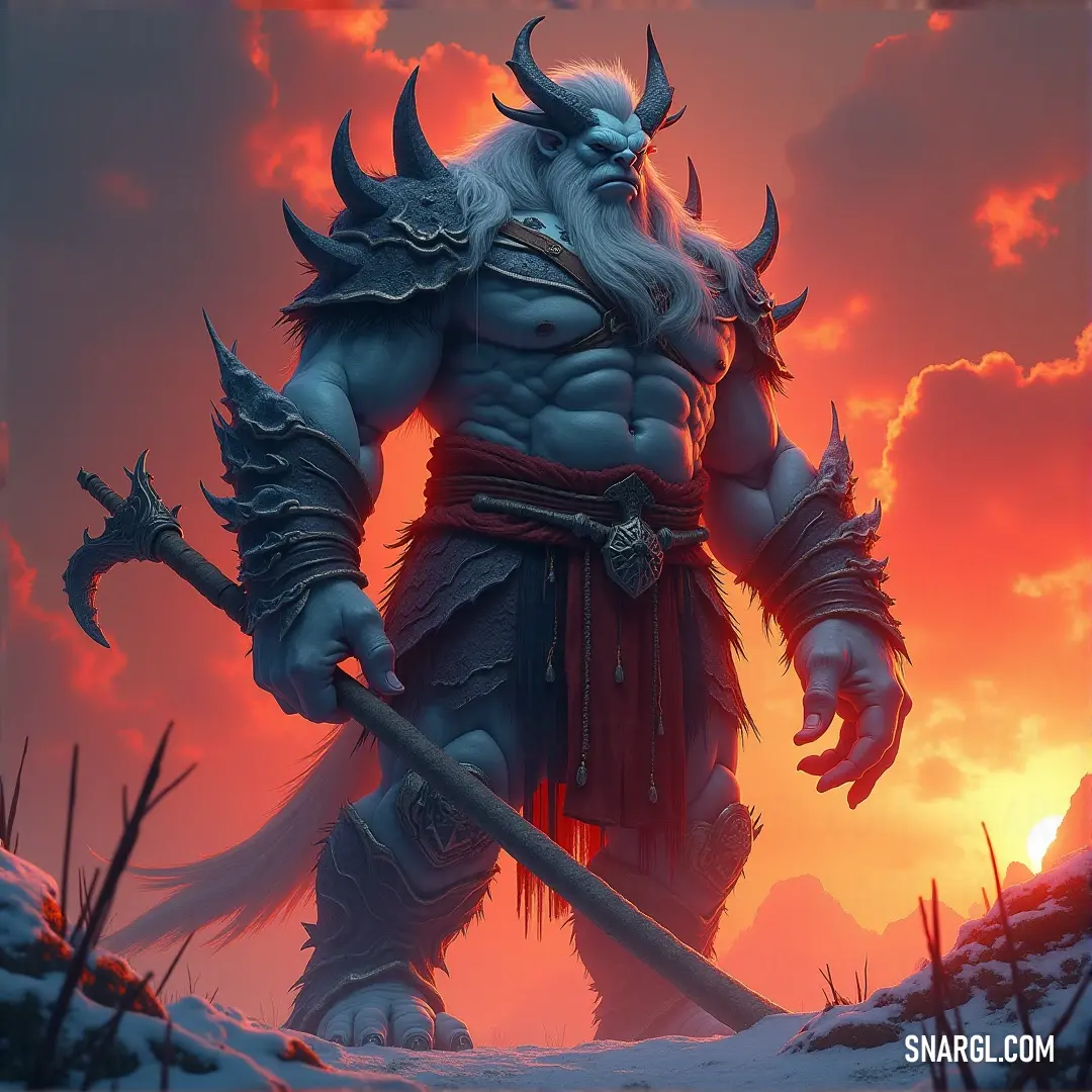 A formidable demon with striking horns stands majestically in a snowy landscape, wielding a staff while the sunset paints the skies. This stunning scene captures the contrast between the stark white snow and the vibrant colors of the sunset.