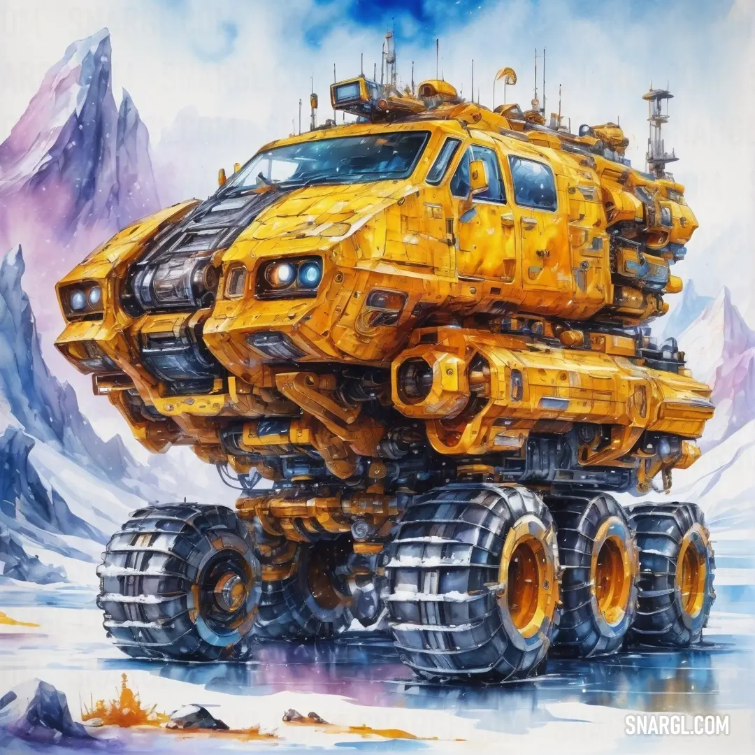 NCS S 0550-Y20R color. Painting of a yellow truck with large wheels on it's flatbeds in the snow