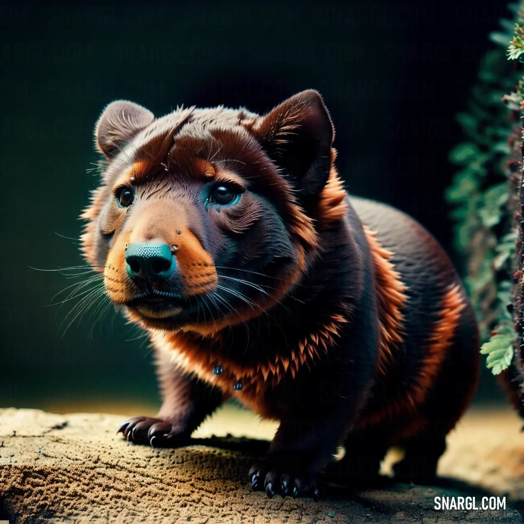 A small brown and black animal standing on a rocky surface, its curious gaze directed toward a tree branch. In the background, lush green plants surround the peaceful scene, creating a serene and natural setting.