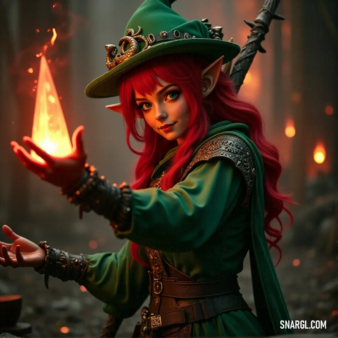 A graceful woman in a stylish green outfit holds a flickering candle, casting a warm glow as she stands with poise. Her delicate green hat and the ambiance of the scene evoke a sense of mystery and intrigue in the softly lit surroundings.