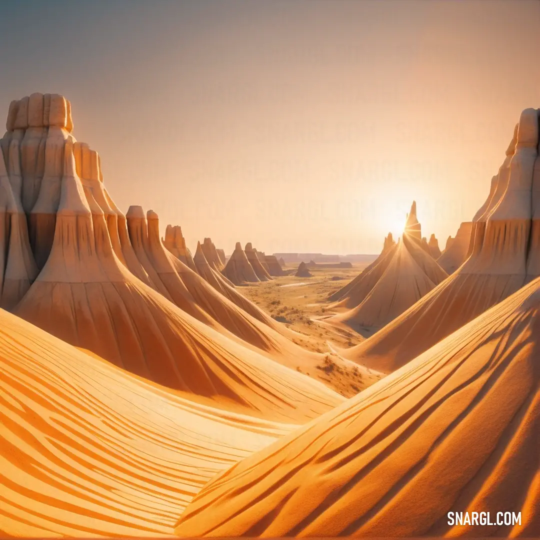 Desert landscape with sand dunes and a sun setting in the distance. Color #F7993B.