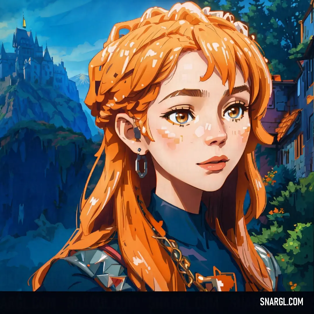Girl with long red hair and a castle in the background. Example of NCS S 0550-Y30R color.