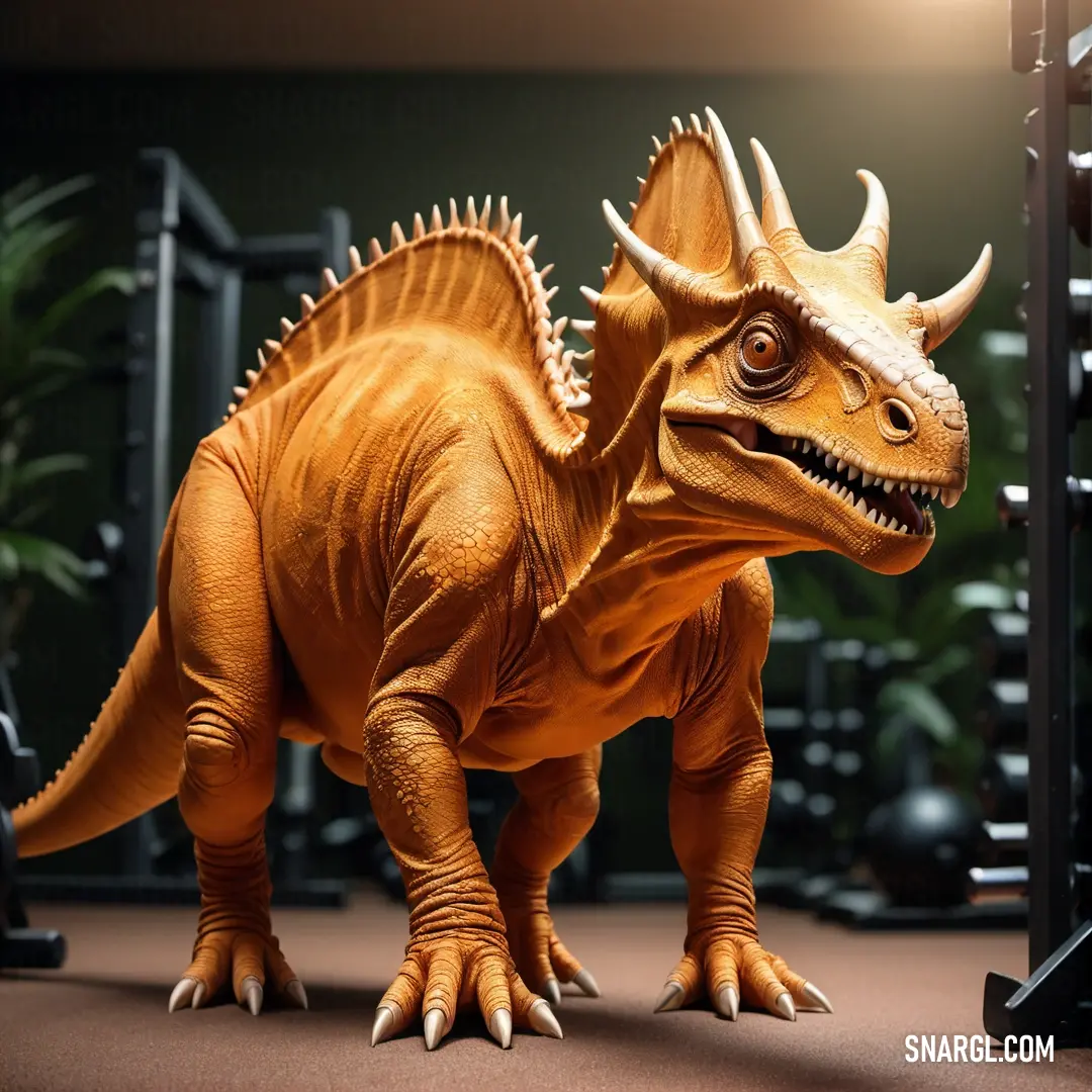 Toy dinosaur is standing in a gym area with a barbell rack in the background. Example of NCS S 0550-Y30R color.