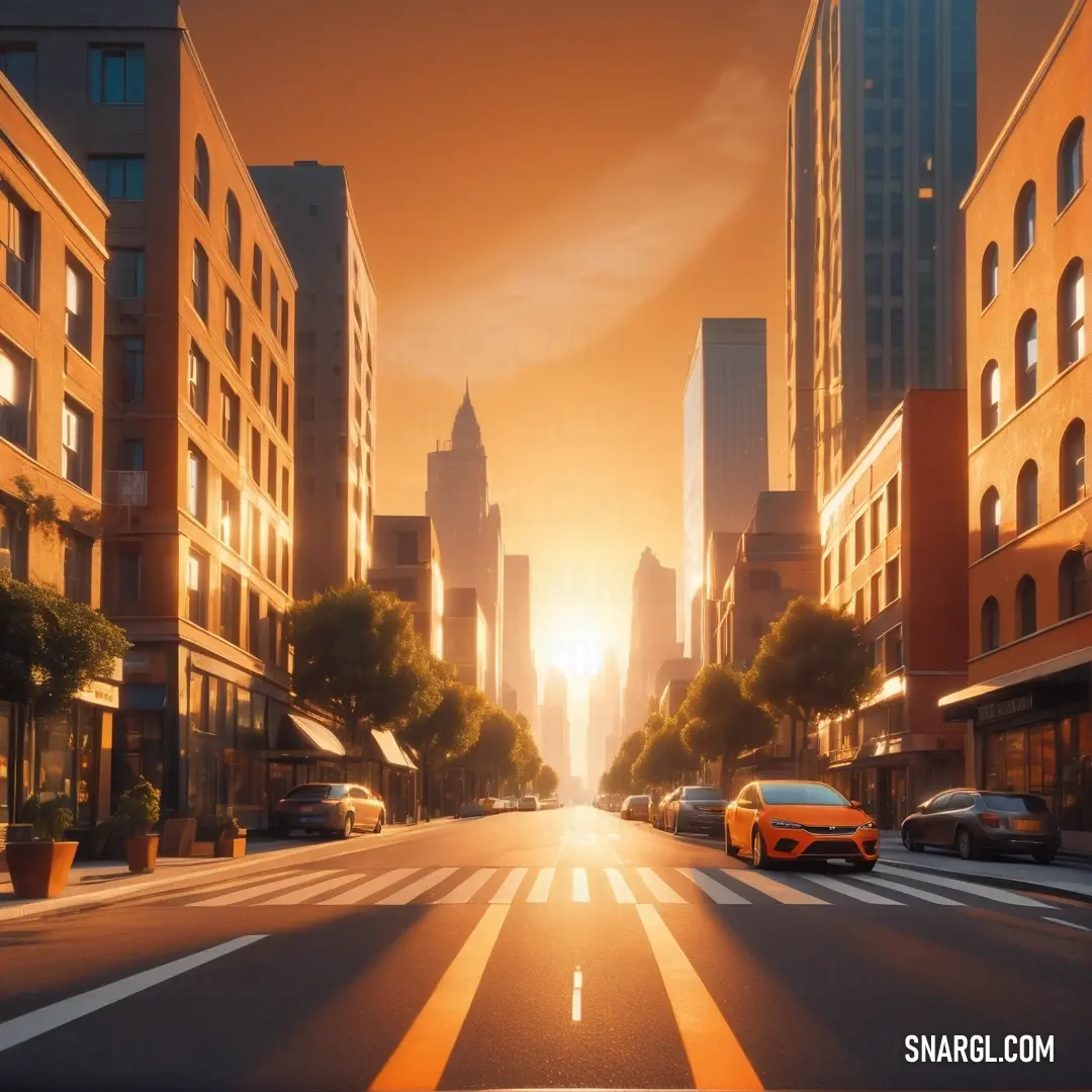 City street with a yellow car driving down it at sunset or dawn with tall buildings in the background. Example of RGB 251,151,77 color.