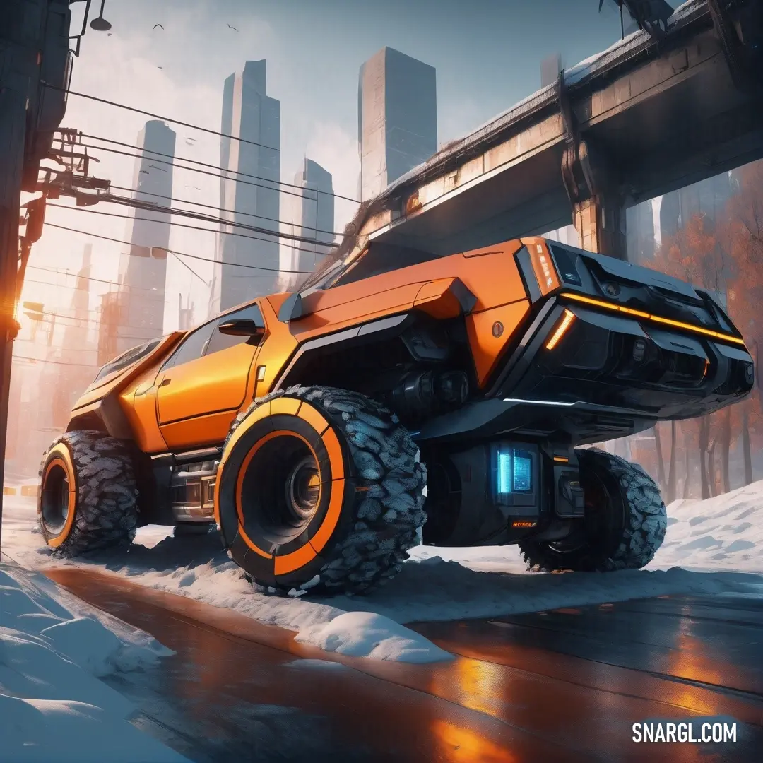 Futuristic vehicle driving down a snowy road in a city with tall buildings in the background. Color #FB974D.