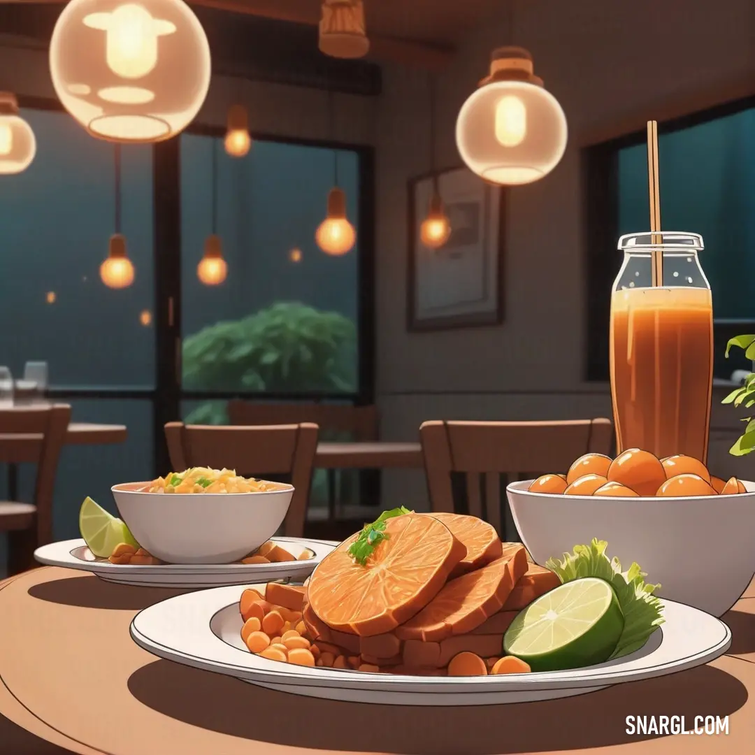 Table with plates of food and a drink on it, with a window in the background. Color NCS S 0550-Y40R.