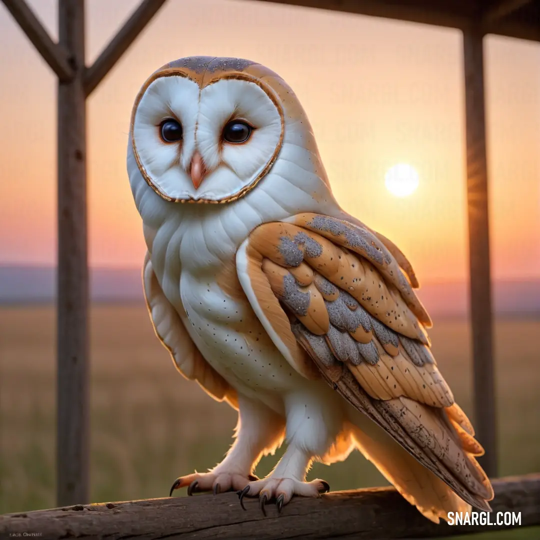 White owl on a wooden fence post at sunset with the sun in the background. Example of RGB 251,151,77 color.