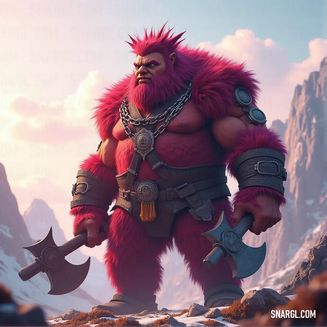 A playful cartoon character stands confidently, adorned in a vibrant red coat and heavy chains, wielding a massive axe. His cheerful demeanor contrasts with the imposing weapon and striking colors of his attire.