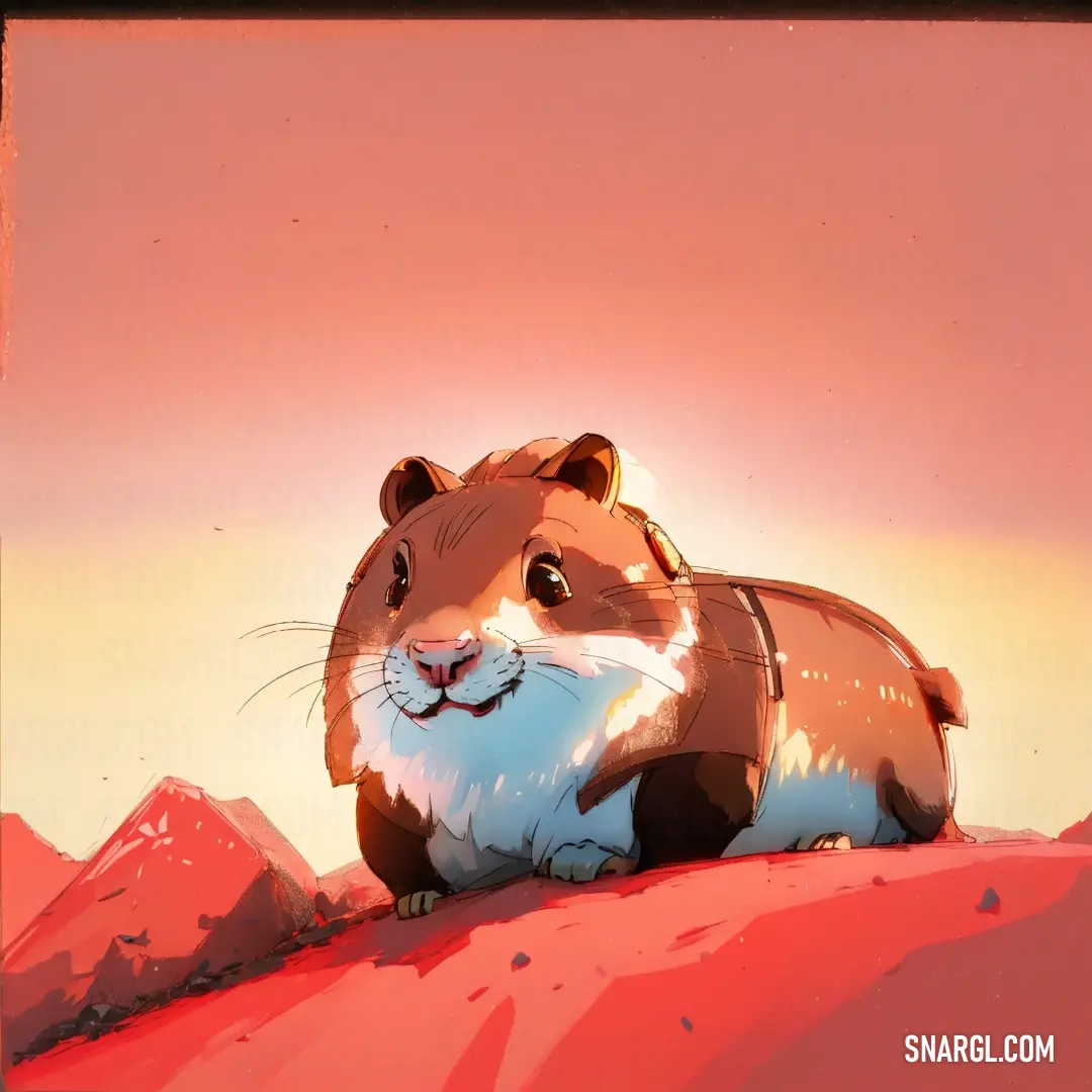 A charming cartoon hamster perched atop a rock gazes into a soft pink sky. This whimsical creature brings a sense of fun and imagination to the scene, reminding viewers of the simple joys that come from a little creativity and fantasy.