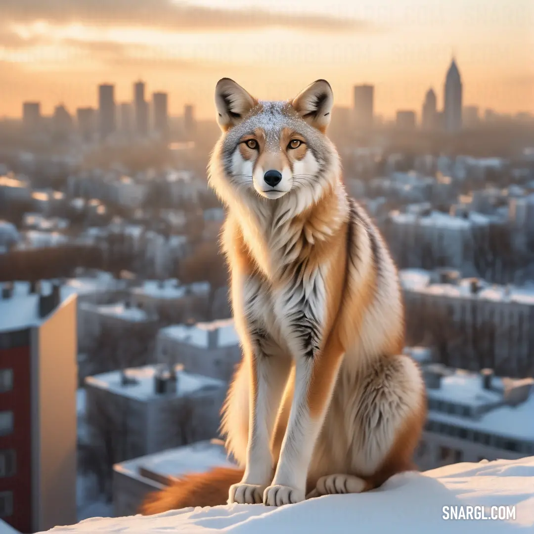 A curious fox stands elegantly on a snow-draped hill, silhouetted against a stunning city skyline at either sunset or dawn. The warm hues of the sky contrast beautifully with the cool snow, creating a captivating tableau of urban and natural beauty.