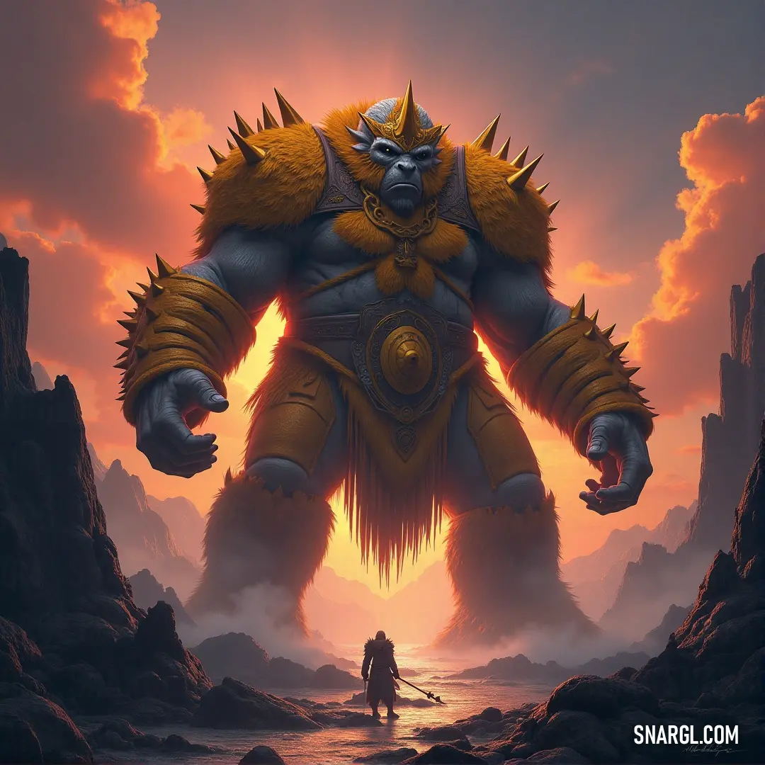 A towering, monstrous creature casts a shadow over a brave man, who stands resolute in a rocky landscape. The setting sun paints the sky with warm colors, adding drama to the scene of impending confrontation.