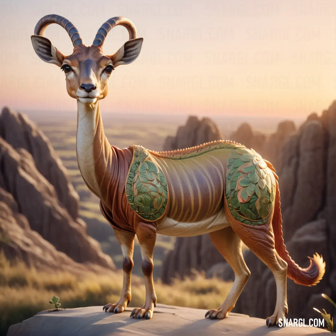 Perched majestically atop a rocky formation, a goat statue overlooks a serene desert landscape. Majestic mountains frame the scene, creating a picturesque backdrop that speaks to the harmony between nature and crafted artistry in a tranquil setting.