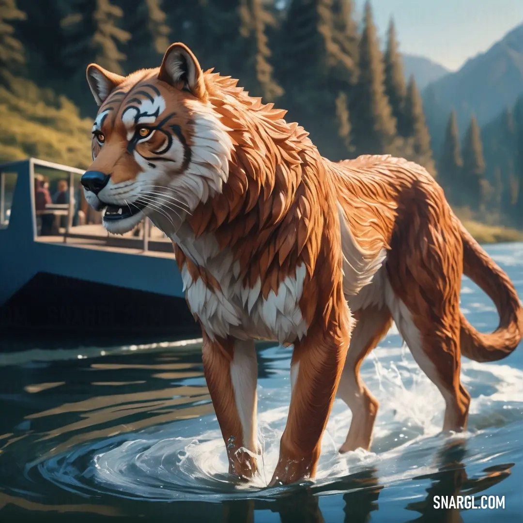 A large, friendly brown and white dog splashes joyfully in shallow waters next to a boat, people laughing and enjoying the scene. The surroundings exude warmth and camaraderie, showcasing a delightful moment of interaction between animals and humans.