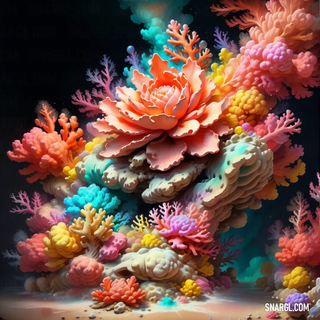 A vibrant large flower stands out prominently, surrounded by intricate coral formations against a stark black backdrop, creating a striking contrast that draws the viewer's attention to the unusual textures and colors of the subject.