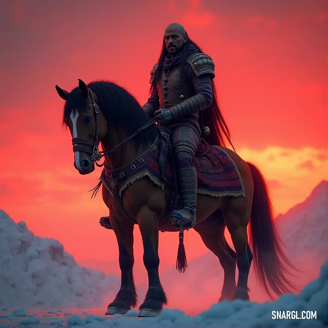 A fully armored knight rides fearlessly on a majestic horse through a snowy landscape. The red hues of a dramatic sunset highlight the bravery of the warrior embarking on a noble quest.