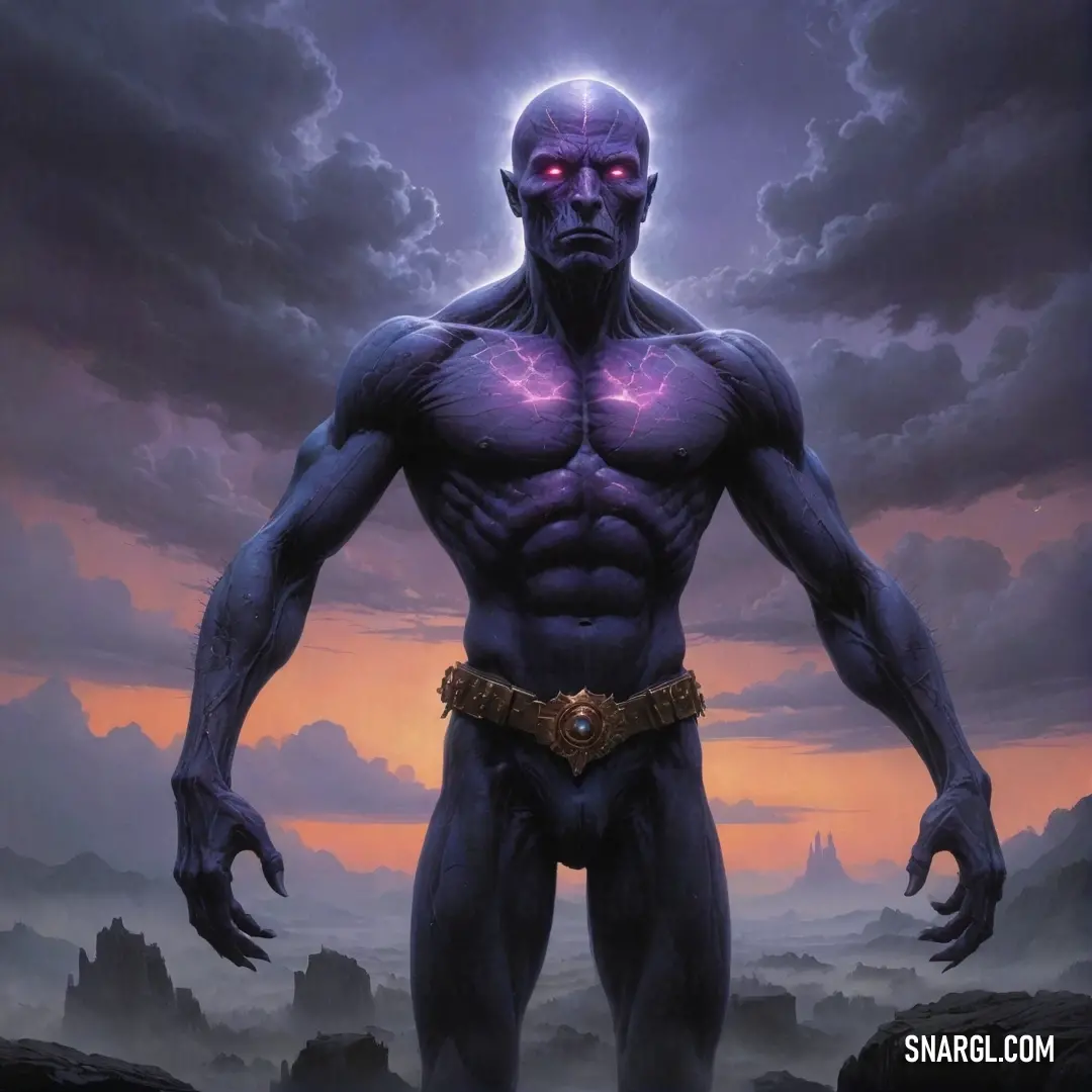 A man emanates an ethereal glow from a purple light illuminating his face and chest, surrounded by a rocky landscape under a mysteriously colored sky.