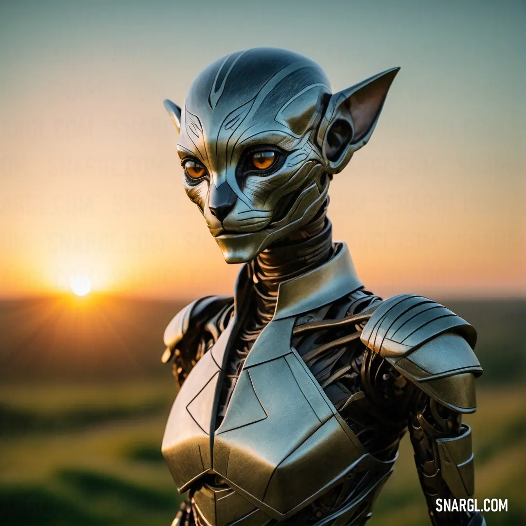 A charming cat statue stands gracefully in a sunlit field, set against a backdrop of a stunning sunset. The warm colors of the sky reflect the tranquil beauty of the moment, infusing the scene with a peaceful ambiance that invites reflection.