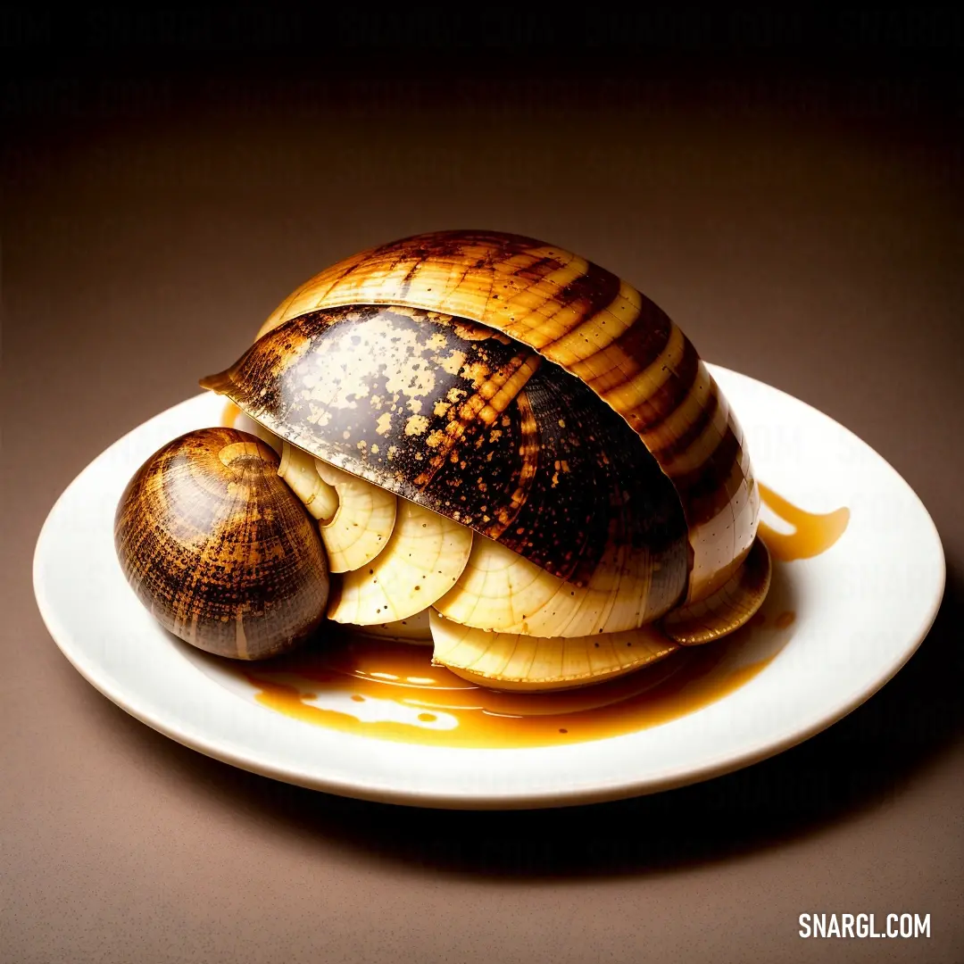 A plate holds a snail with a delicate sauce beside it, resting on a textured brown surface. The rich color palette of the plate contrasts nicely with the light sauce and the earthy tones of the table.