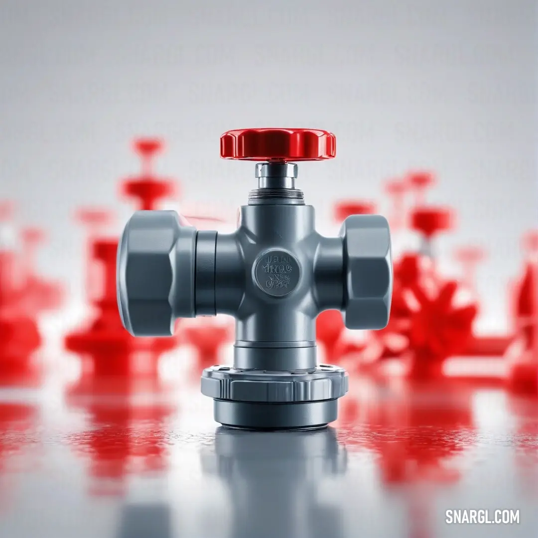 A striking red and gray valve stands out prominently, featuring a bright red stoplight that adds a pop of color against a red and white backdrop, exemplifying the NCS S 0550-Y60R hue with a touch of industrial flair.