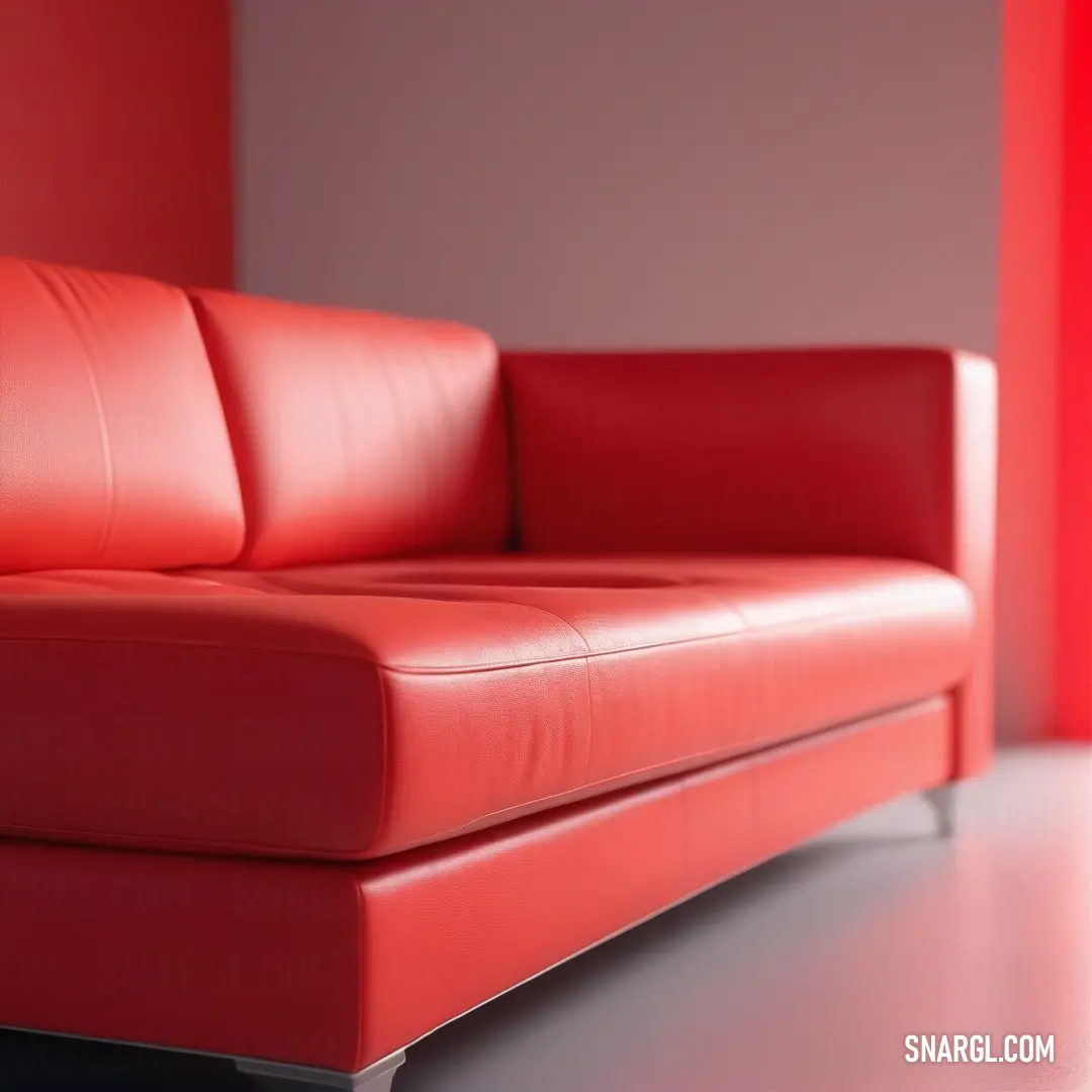 A vibrant red couch elegantly positioned in a stylish room, accompanied by a wall adorned with a flowing red curtain that enhances the cozy atmosphere. The color on display is NCS S 0550-Y60R, reflecting warmth and sophistication.