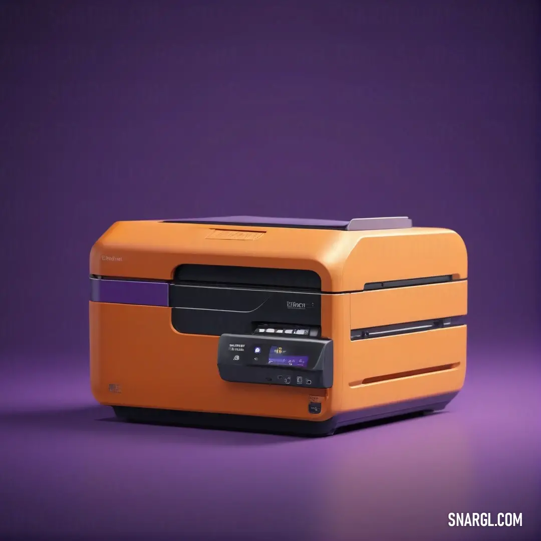 An intriguing orange and black machine contrasts against a striking purple backdrop, showcasing the vivid #FB8C5B color while inviting viewers to ponder its purpose and engineering marvels.