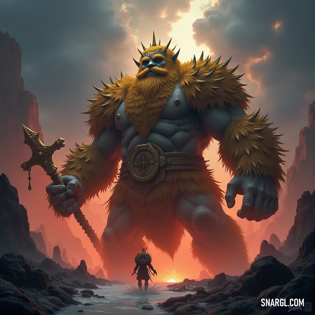 A colossal being clutches a mighty sword, towering over a small man in the distance. Dappled sunlight from a warm sunset outlines their silhouettes against the majestic painted skies.