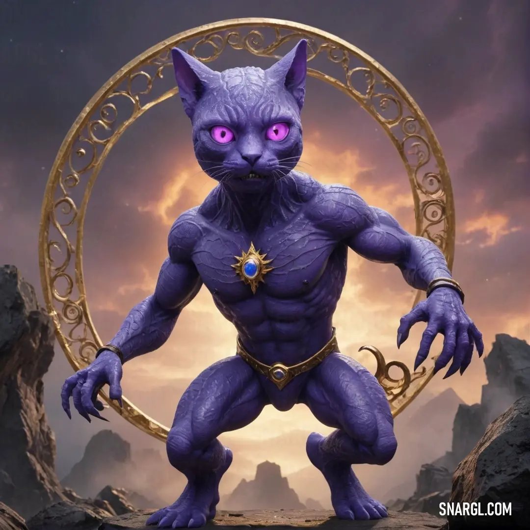 A regal purple cat adorned with a shimmering gold ring rests serenely, its enchanting purple eye gaze evoking a sense of grace amidst its bold coloration.