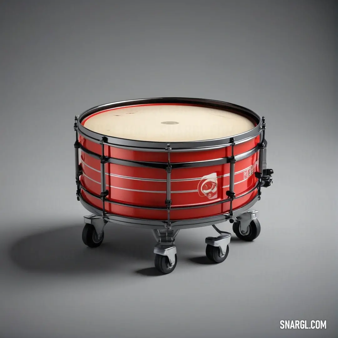 A vibrant red drum with charming wheels rolls gently on a smooth gray background, showcasing its bright white top. This playful instrument is a visual delight, enhanced by the warmth of RGB 251,140,91.