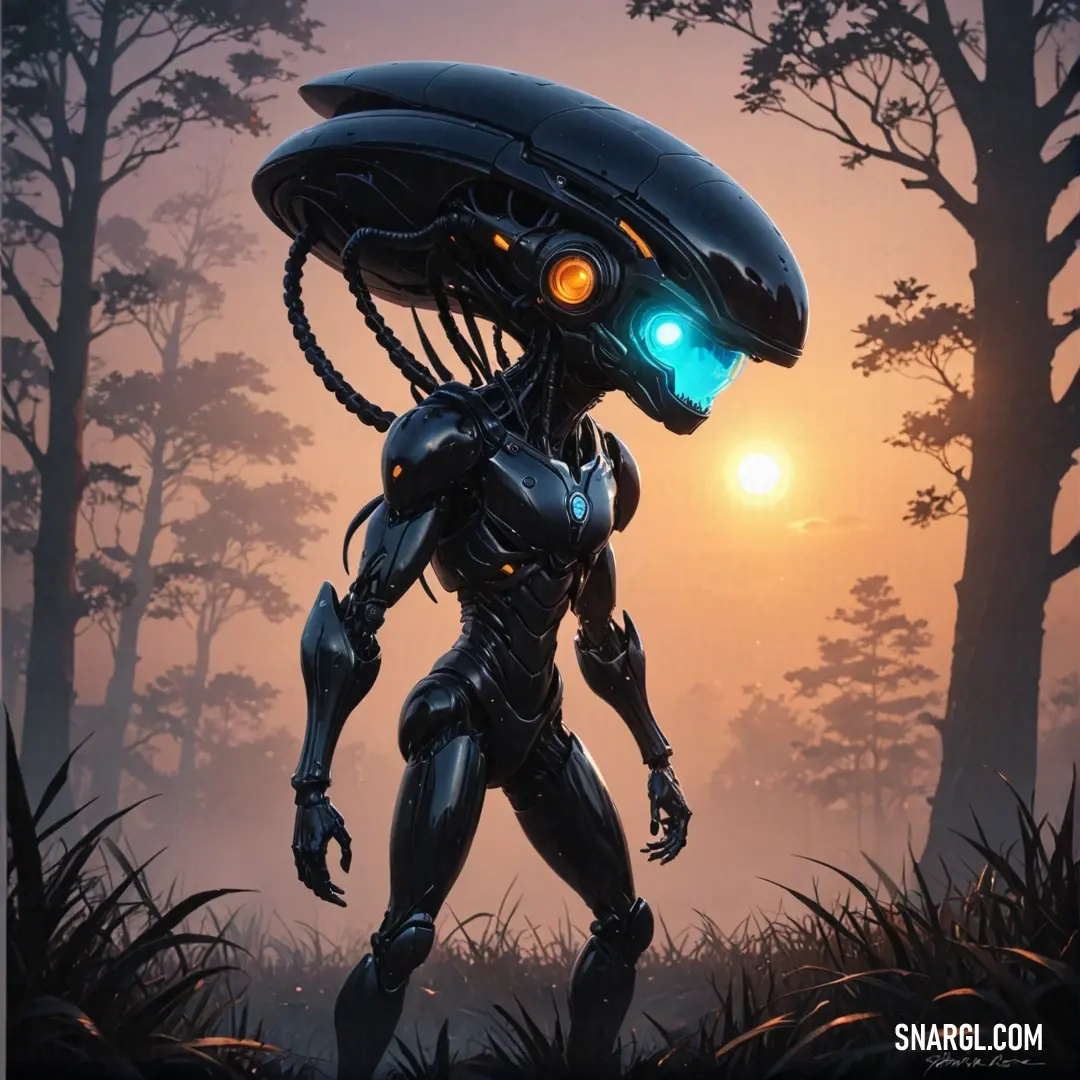 A futuristic robot with glowing eyes and a luminous head sits in a forest during sunset, framed by trees and foliage that complement the warm tone of NCS S 0550-Y60R color, creating a mystical scene.