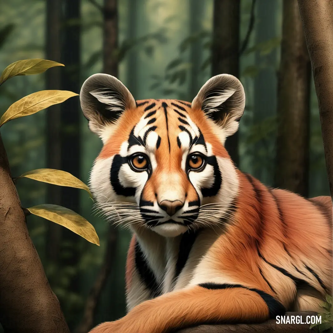 A majestic tiger perched on a tree branch, gazing directly at the observer with a mesmerizing, blurred nature background that enhances its vibrant fur patterns and piercing eyes.