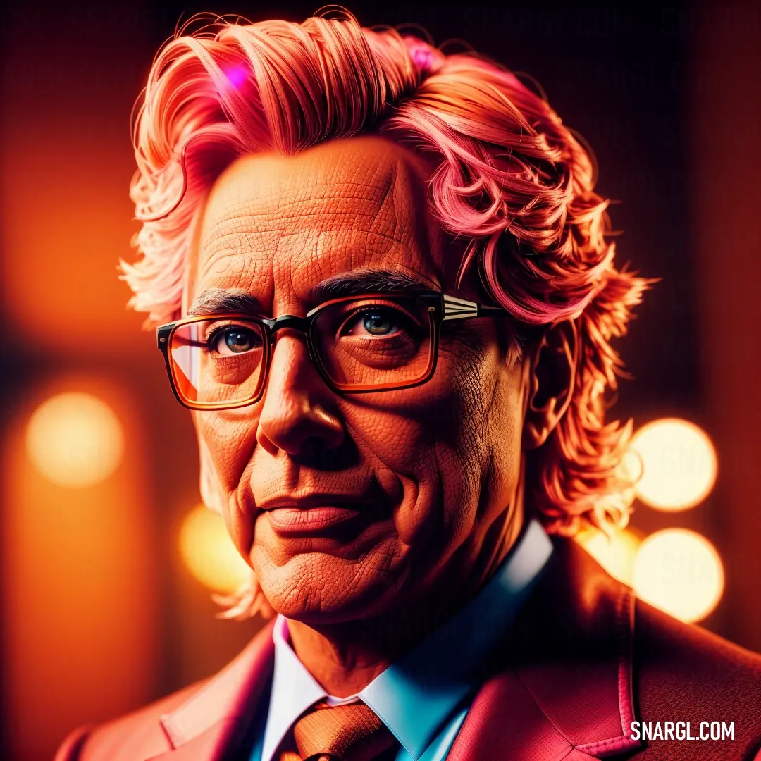 Man with pink hair and glasses wearing a suit and tie and a red jacket and tie. Color #FB835C.